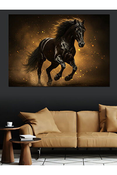 ekart Koşan Kara At Dekoratif Kanvas - Mdf Ahşap Tablo