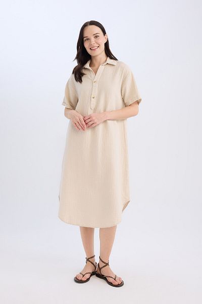 DeFacto Polo Neck Basic Muslin Midi Φόρεμα - Κοντό μανίκι, με κουμπιά, κανονική εφαρμογή D5363ax24au