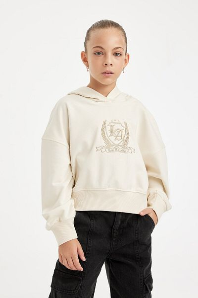 DeFacto Girl's Ecru Oversize Wide Fit Hooded Embroidered Thick Sweatshirt D2885A824Wn