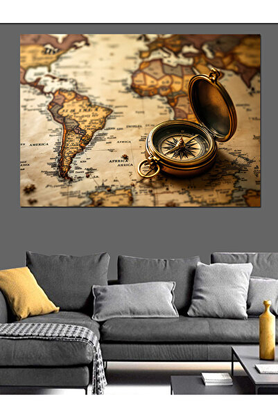 ekart Antik Harita ve Pusula Dekoratif Kanvas - Mdf Ahşap Tablo