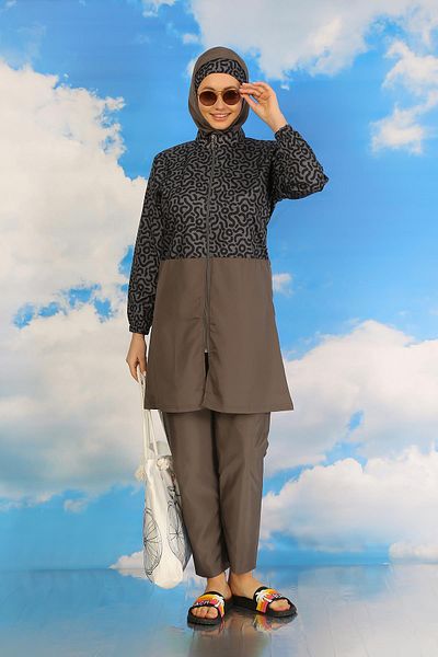 Celira Smoke Colored Patterned Women's Hijab Swimsuit - With Trousers 31074