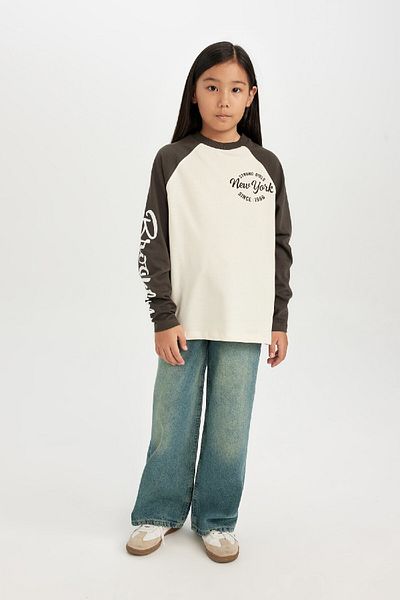 DeFacto Girls Oversize Wide Fit Crew Neck Printed Long Sleeve T-Shirt D2888A824Wn