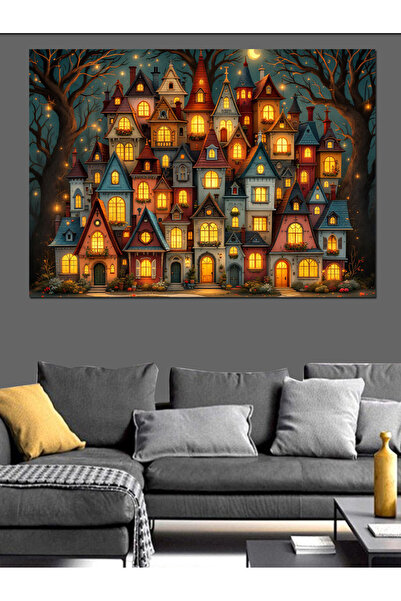 KanvasSepeti Masalsı Işıklı Evler Dekoratif Yağlı boya Dokulu Yüksek kaliteli Kanvas Canvas Tablo 140 x 100 cm