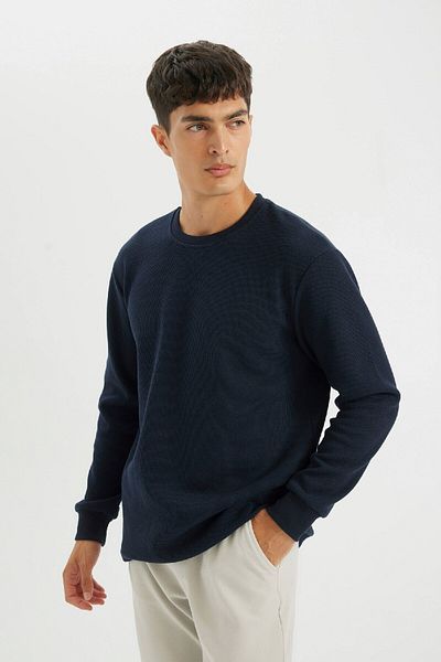 DeFacto Tričko Regular Fit Crew Neck Waffle s dlouhým rukávem, tmavě modrá