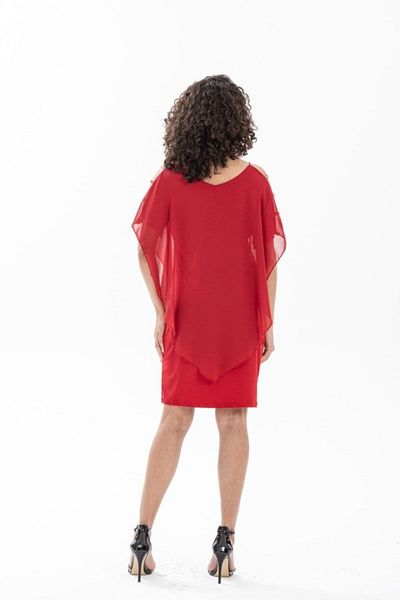 İpeksi Silky Women's Off-The-Shoulder V-Neck Chiffon Sandy Fabric Opportunity Product Above Knee Dress