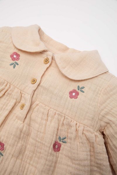 DeFacto Floral Embroidery Muslin Romper and Pantyhose Set for Newborn Baby Girls - Long Sleeve