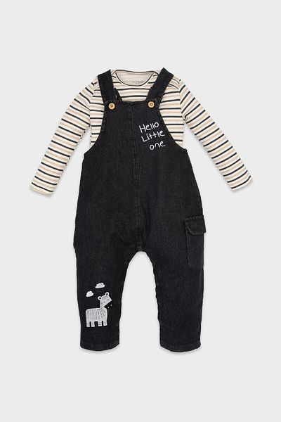 DeFacto 2-teiliges gestreiftes Set für Babys – Langarm-T-Shirt und Jeans-Salopet D4130a524wn
