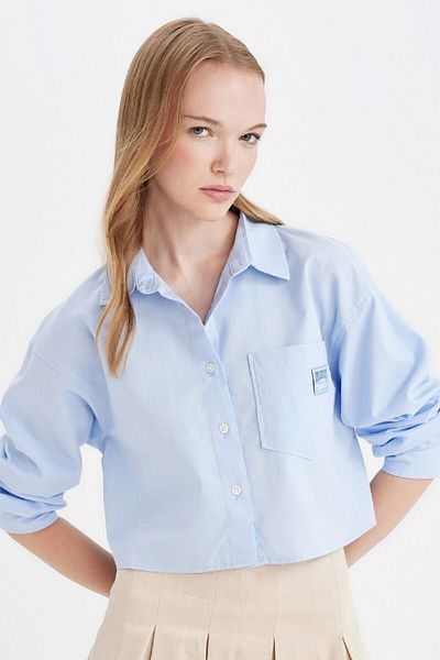 DeFacto Cămașă Oxford Crop cool - cu potrivire largă, buzunar solid, mânecă lungă D4031ax24au