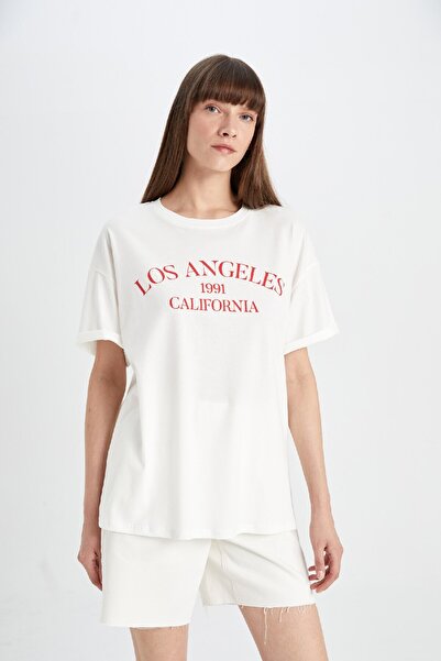 DeFacto Oversize Wide Fit Crew λαιμόκοψη χτενισμένο βαμβακερό κοντομάνικο μπλουζάκι D5100ax24hs