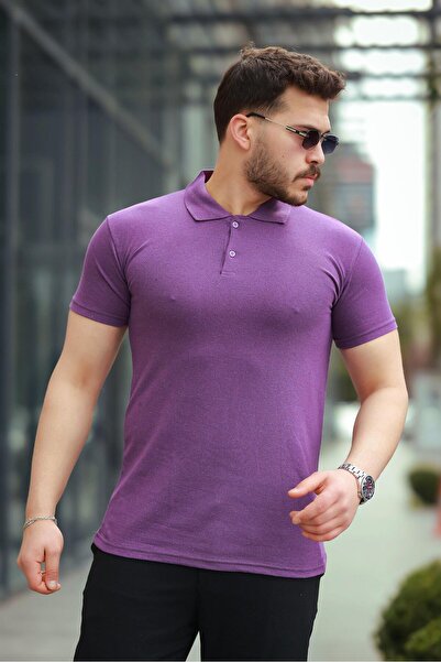 VİP LOKAL Μωβ Polo Neck Slim Fit Plain Lacos Tshirt