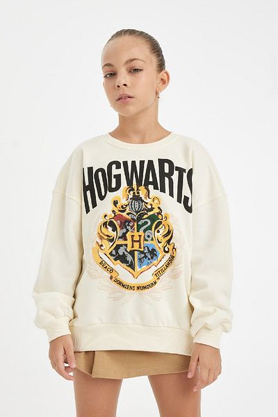 DeFacto Момиче Екрю Harry Potter Oversize суичър с широка шарка и деколте D3861a824au