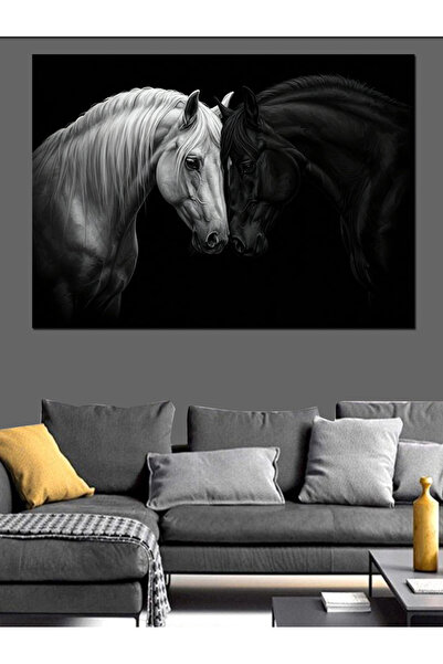 KanvasSepeti Pânză decorativă cu cal alb-negru - Pictură în ulei Pânză textur...