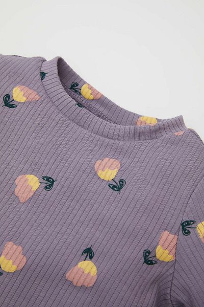 DeFacto Tricou pentru fetiță, cu nervuri, cu decolteu, cu flori, mânecă lungă D3838A524AU