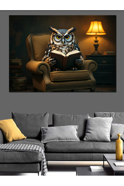 ekart Kitap Okuyan Baykuş Dekoratif Kanvas - Mdf Ahşap Tablo