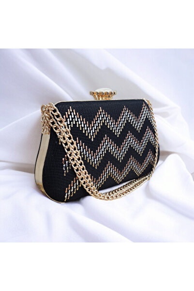 Telli Art Üç Renkli Tel Kırma Abiye Çanta - Siyah Zemin, Gümüş, Bakır, Sarı Desenli