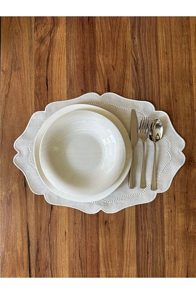 NURHAN HOME COLLECTION 6 Pieces Pearl Grain Embroidered Ecru American Service Plate