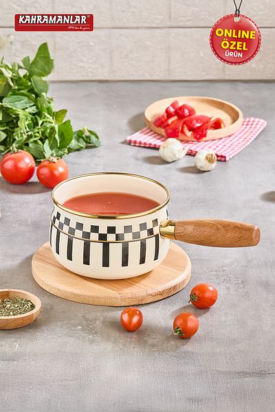 Kahramanlar Prime Cream Enamel Wooden Handle Sauce Bowl Milk Bowl 14 cm