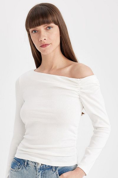DeFacto One Shoulder Slim Fit Rib T-Shirt - Long Sleeve, D4970Ax24Au