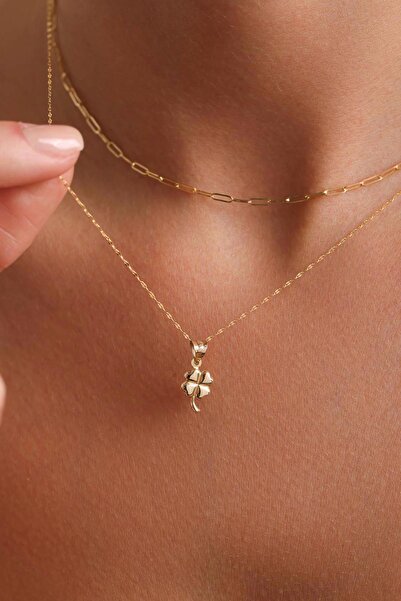 Bayar Gold 14 Ayar Altın Yonca Ve Ataç Kombin Kolye