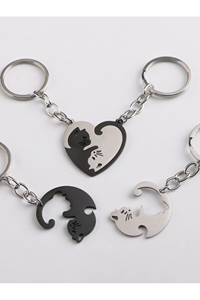 Atsu 3D ميدالية مفاتيح لعيد الحب مع قطة 2 قطعة / بلاستيك