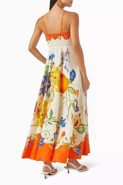 Stil Sepeti Rochie maxi pentru femei, cu guler pătrat, cu bretele portocalii, cu buzunare multicolore ASP- 1000702419