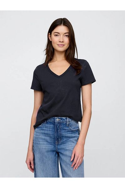 GAP Tricou de damă din bumbac cu decolteu în V, albastru bleumarin