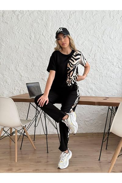 Viyamo New Season Women's Crew Neck Short Sleeve Leopard Pattern Blouse and Trousers Double Suit