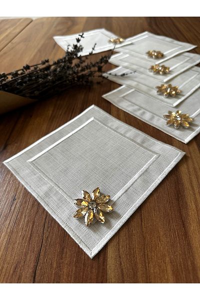 NURHAN HOME COLLECTION 6 Pieces Stone Detailed Square Coffee Side, Cocktail, Presentation Napkin