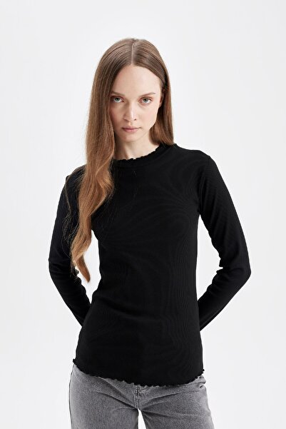 DeFacto Schwarzes Basic-T-Shirt mit halbem Rollkragen, geripptem Camisole-Essential, einfarbig, langärmlig, B2389ax24au