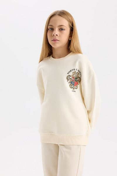 DeFacto Girl's Crew Neck Printed Soft Feather Sweatshirt - Relax Fit D4272A824Wn