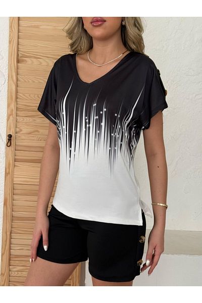 Kokosh moda Γυναικεία κοντό μανίκι με λαιμόκοψη V με μικροσκοπική λεπτομέρεια μπλούζα κατάδυσης + λεπτομέρεια με κουμπί