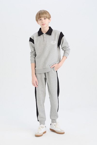 DeFacto 2-Piece Set with Polo Neck Printed Thick Sweatshirt and Elastic Sweatpants for Boy