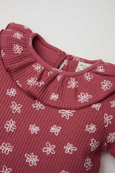 DeFacto Tricou roz cu mânecă lungă, cu mânecă lungă, cu volane, cu decolteu, cu modele florale, pentru fetiță D5400a5ns