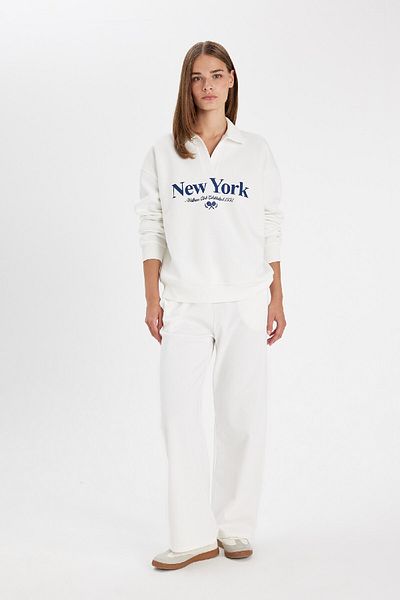 DeFacto Relax Fit Polo Collar Printed Thick Sweatshirt D5295Ax24Au