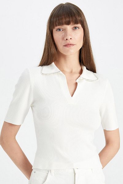 DeFacto Fitted Polo Neck Stone Embroidered Short Sleeve Knitwear Sweater D4618Ax24Au
