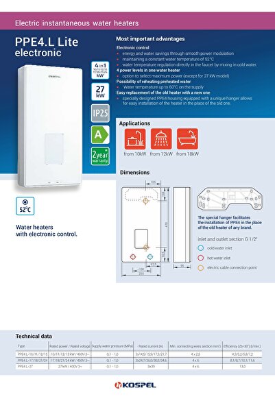 KOSPEL PPE4-L Trifaze Ani Su Isıtıcı 17–24 kW Hassas Sıcaklık Kontrolü, Duvar Tipi,Enerji Tasarruflu