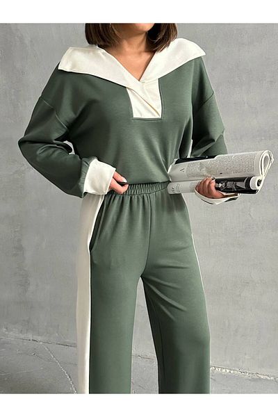 VESS MODA Women's Premium Quality Stripe and Snap Detailed Modal Fabric Bottom Top Tracksuit Set
