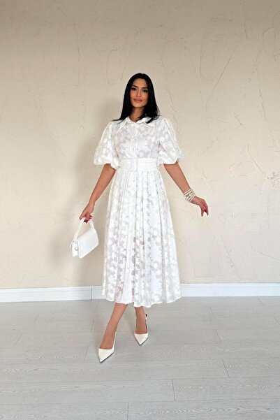 Genel Markalar eyesof Ekru Kemerli Balon Kollu Elbise