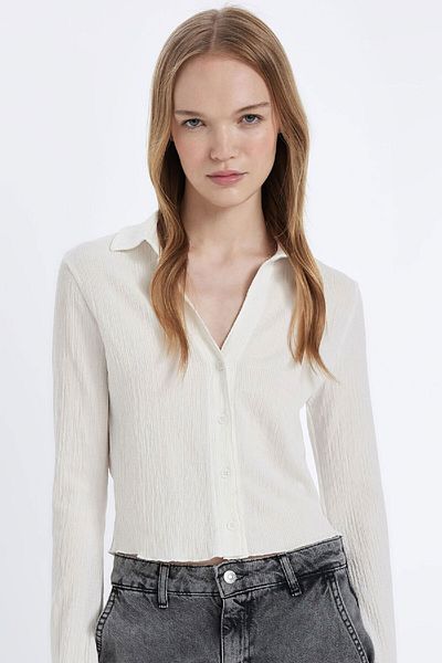 DeFacto Coool Fitted Basic Plain Buttoned Long Sleeve Crop White Shirt 3160775