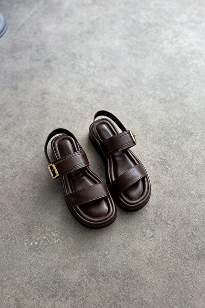 SHOEBELLAS Mayra Acı Kahve Tek Tokalı Kadın Sandalet