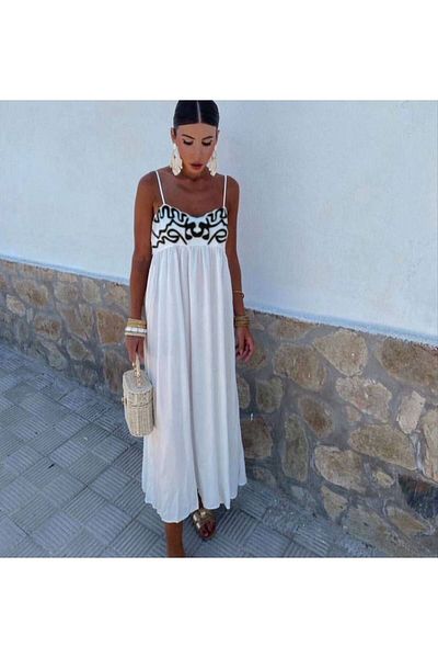 BRGCLOTHING Rochie lungă cu bretele brodate cu design de in premium și halat la piept