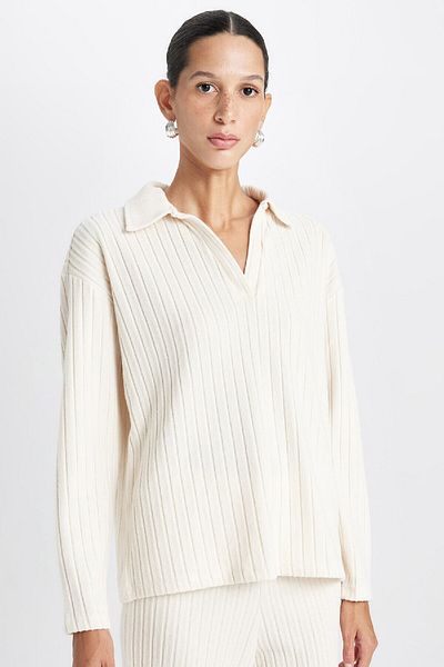 DeFacto Μακρυμάνικο μπλουζάκι Relax Fit Polo Neck Casual Corded Camisole 3163699