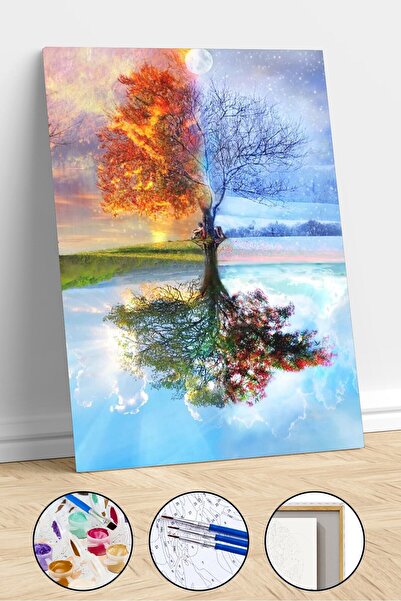 Pastelya Dolunay ve Ağaç Sayılarla Boyama Seti Çerçeveli Kasnaklı