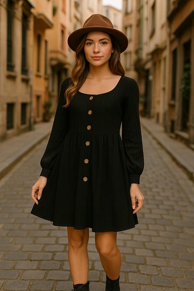 Viyamo Women's Long Sleeve Square Neck Front Buttoned Midi Shirred Camisole Dress