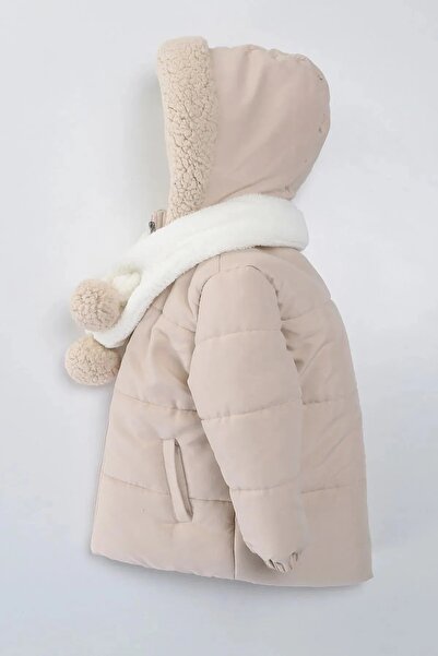 DeKuBaby YENİ SEZON İçi Kürklü Cepli Kapüşonu Varaklı Kaşkolu PonPonlu Kışlık Çocuk Kaban-Mont