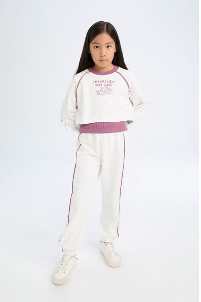 DeFacto Girl's 3-Piece Set - Crew Neck Printed Crop Sweatshirt, Basic Undershirt, Elastic Waist Jogger Tracksuit a