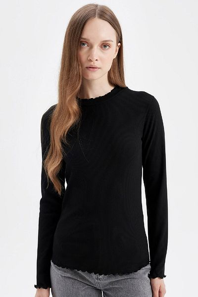 DeFacto Schwarzes Basic-T-Shirt mit halbem Rollkragen, geripptem Camisole-Essential, einfarbig, langärmlig, B2389ax24au