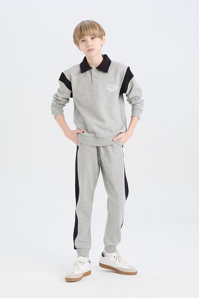 DeFacto 2-Piece Set with Polo Neck Printed Thick Sweatshirt and Elastic Sweatpants for Boy
