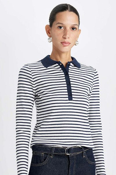 DeFacto Slim Fit Slim Fit Polo-Ausschnitt, geknöpftes, gestreiftes, geripptes Camisole-Langarm-T-Shirt D5140ax24au