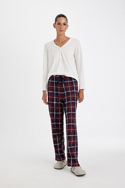 DeFacto Costum de pijama Fall In Love, cu decolteu în V, cu mânecă lungă, de bază, uni, în partea de sus, în carouri, în talie elastică, în partea inferioară D4601ax24au